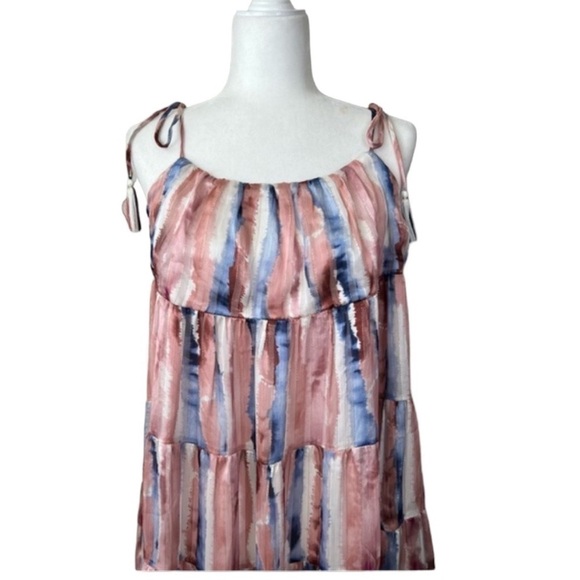 Storia Pink And Blue Gold Shimmer Watercolor Tiered Midi Dress Size M - Picture 9 of 13